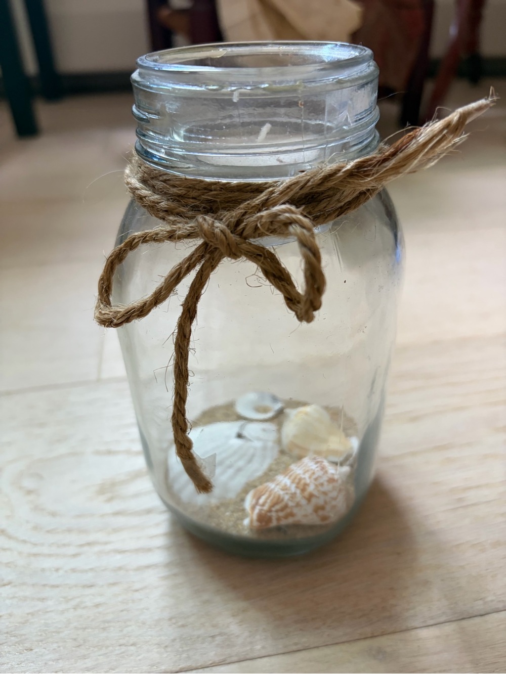 Clear Glass Mason Jar Candle with Jute Bow and Shell Accents - Clear